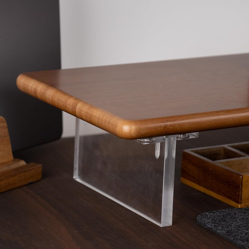 ROCDEER Bamboo Monitor Stand Riser with Acrylic Legs for Desk, 31.5 Inches Desktop Shelf Supports for PC Computer Monitor, Laptops, Printer, Speakers (Brown) - Image 5